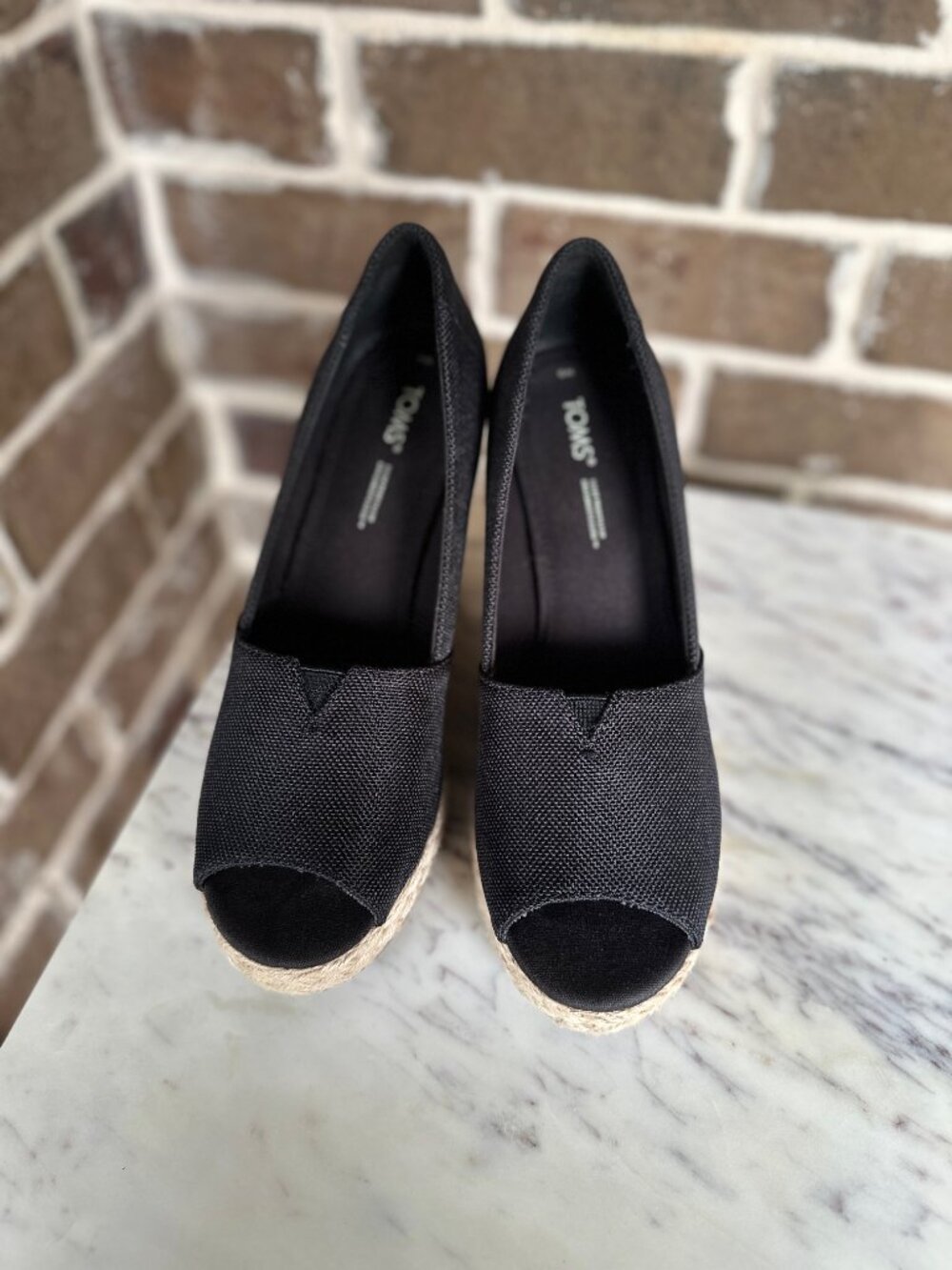 TOMS Michelle Peep Toe Espadrille Wedge Pump Black Sandal Slip-on Heels Size 9 - Picture 7 of 15